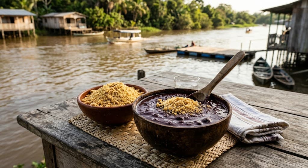 Traditional unsweetened açaí served with farinha de puba in Pará, Brazil