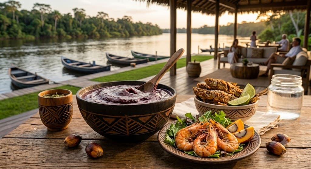 Traditional meal featuring açaí with fish and shrimp