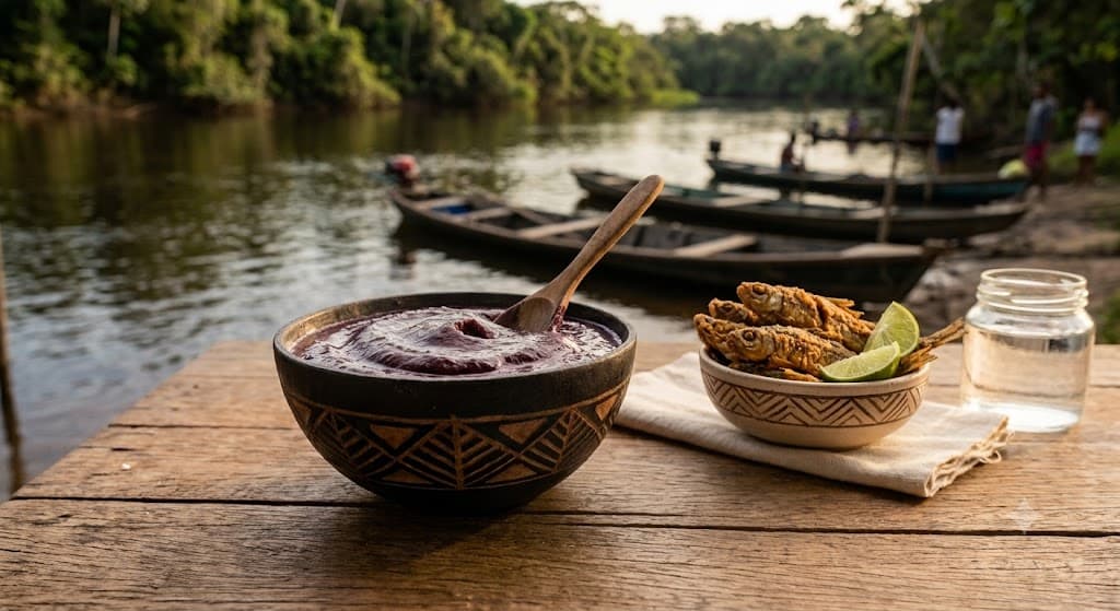 Fried fish served alongside traditional açaí in Pará