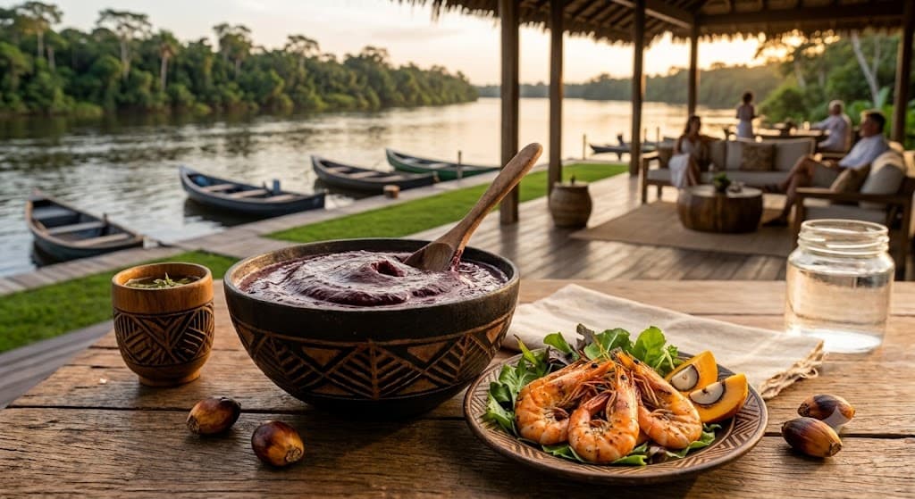 Shrimp served with traditional unsweetened açaí